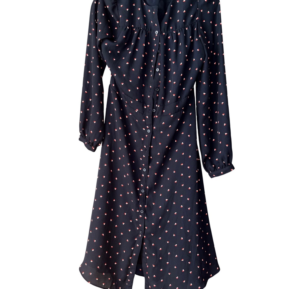 Banana Republic Navy Blue Heart Print Midi Shirt Dress Long Sleeve Tie Waist 4